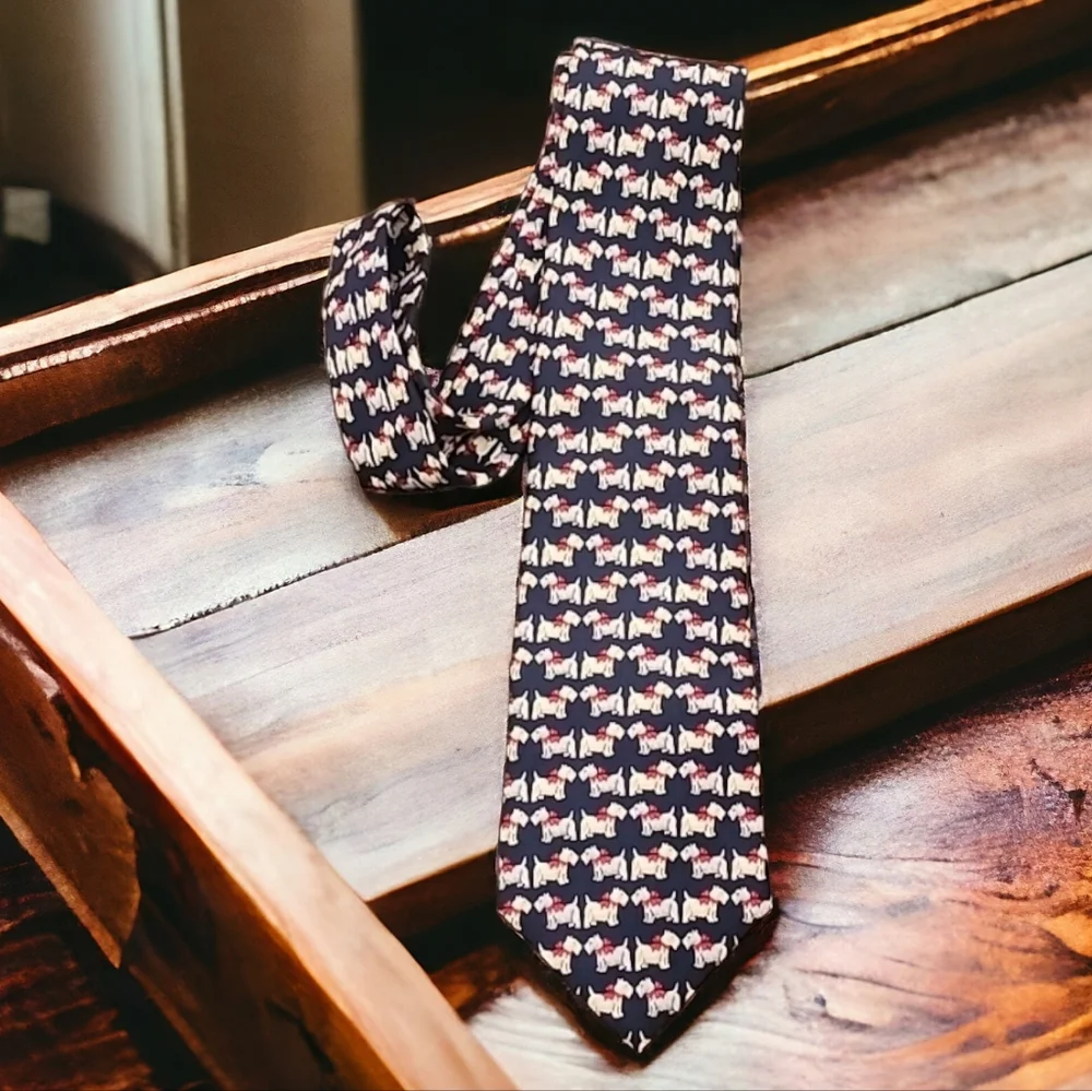 VINTAGE BEAUFORT Silk Dog Print Tie Navy Preppy Mens Necktie Yorkie Terrier